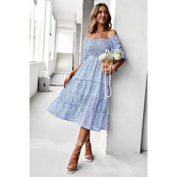 Robe Mi-Longue Bleue Bohème – Cassandre