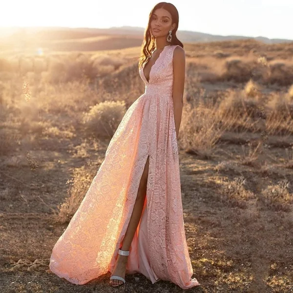 Robe Rose Bohème En Dentelle