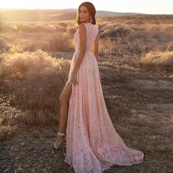 Robe Rose Bohème En Dentelle