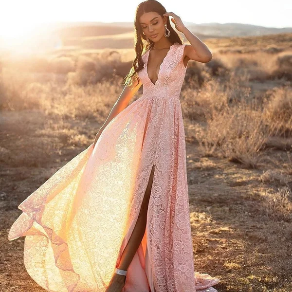 Robe Rose Bohème En Dentelle