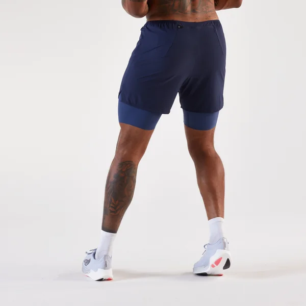 Short 2 en 1 de running Homme, Kiprun Run 500 Confort bleu marine
