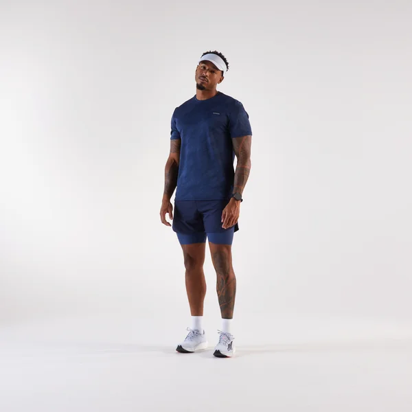 Short 2 en 1 de running Homme, Kiprun Run 500 Confort bleu marine