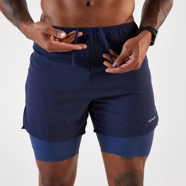 Short 2 en 1 de running Homme, Kiprun Run 500 Confort bleu marine