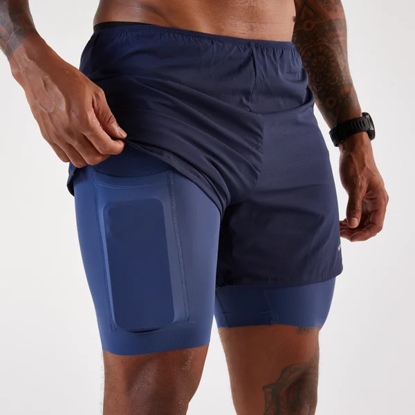 Short 2 en 1 de running Homme, Kiprun Run 500 Confort bleu marine