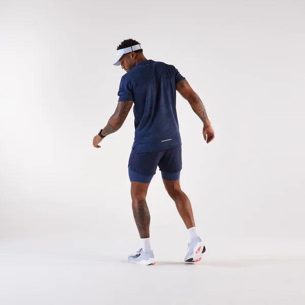 Short 2 en 1 de running Homme, Kiprun Run 500 Confort bleu marine