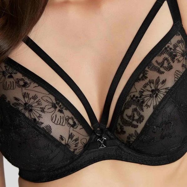 Soutien-gorge Plongeant Armatures en Tulle Brodé - Noir Panache