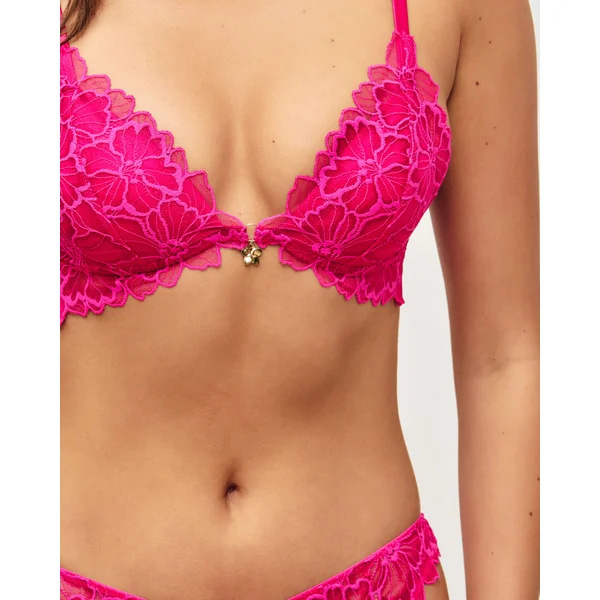 Soutien-gorge triangle push-up en dentelle avec broderies florales et détail bijou
