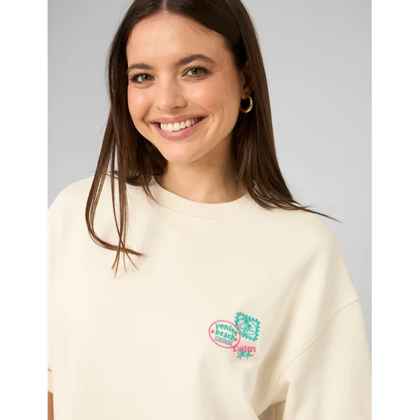 Sweat brodé manches courtes Ecru