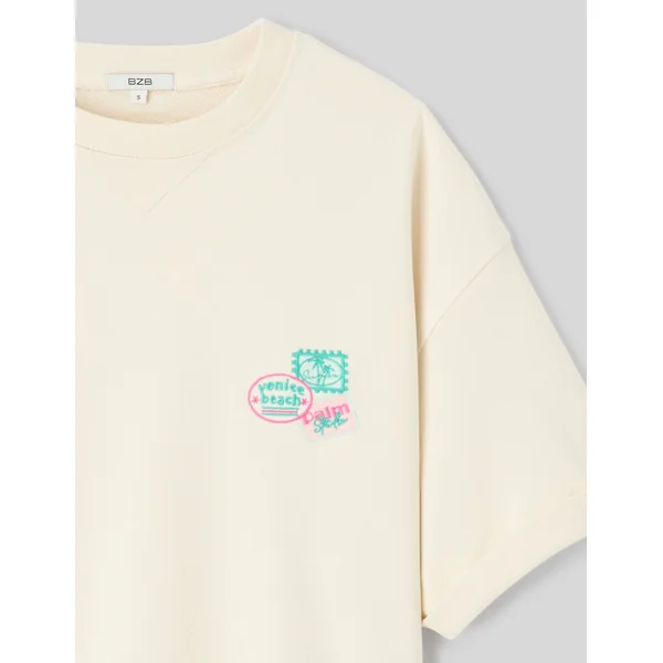 Sweat brodé manches courtes Ecru