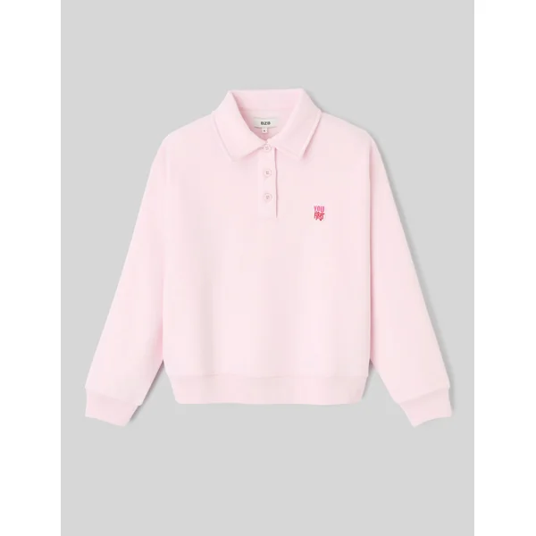 Sweat brodé à col polo Rose pâle