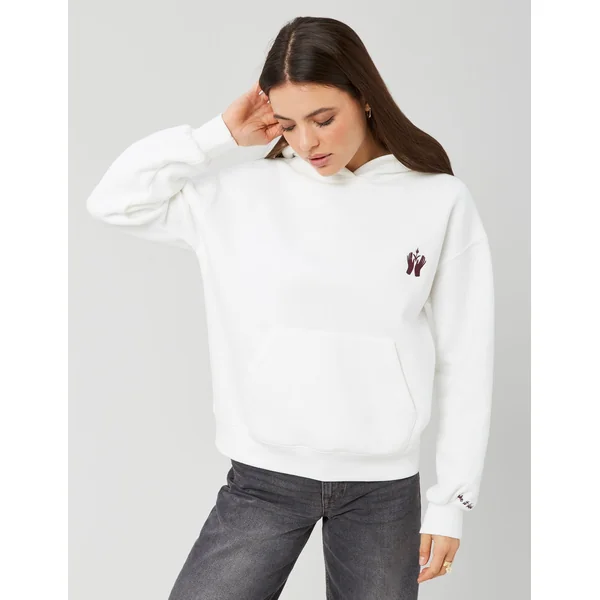 Sweat col capuche broderie poitrine Blanc écru
