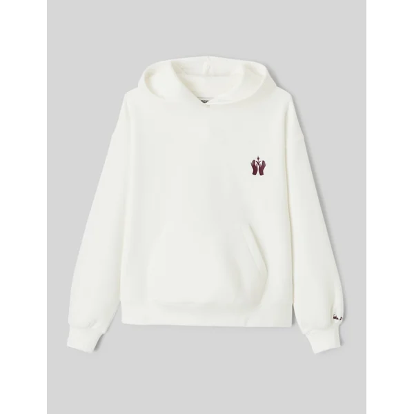 Sweat col capuche broderie poitrine Blanc écru
