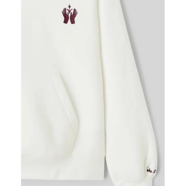 Sweat col capuche broderie poitrine Blanc écru