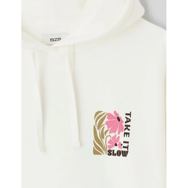 Sweat col capuche imprimé devant / dos Blanc écru