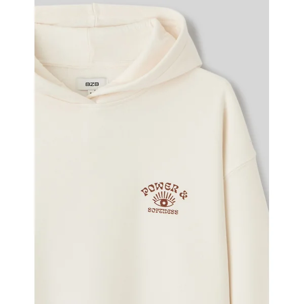Sweat col capuche imprimé devant/dos Ecru