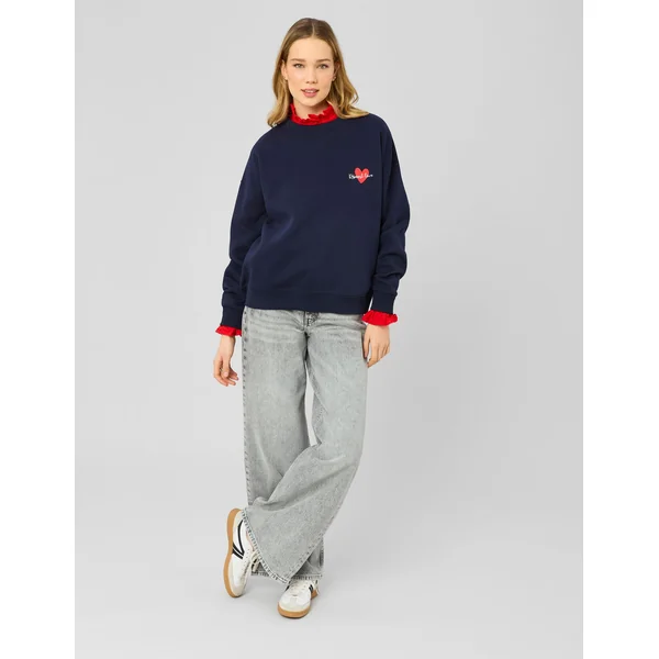 Sweat col rond brodé Bleu foncé