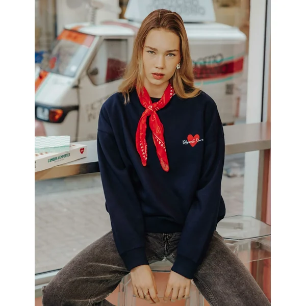 Sweat col rond brodé Bleu foncé