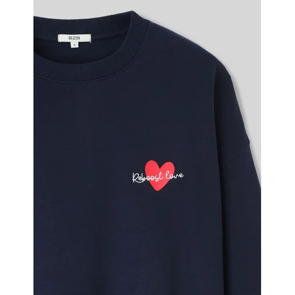 Sweat col rond brodé Bleu foncé