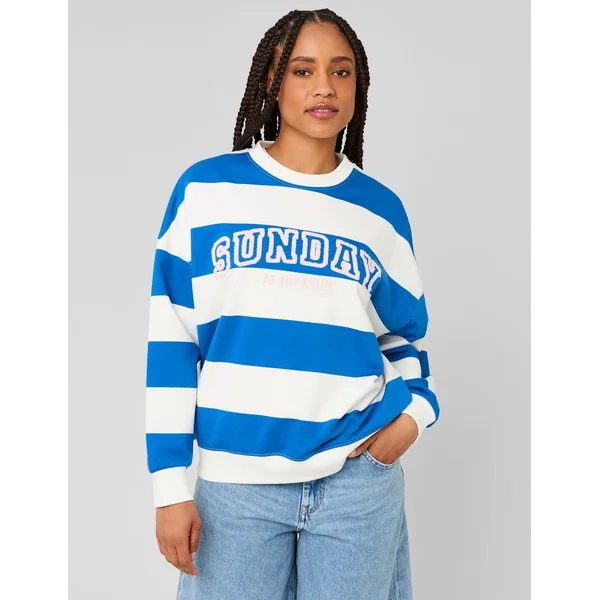 Sweat col rond brodé à rayures Bleu foncé