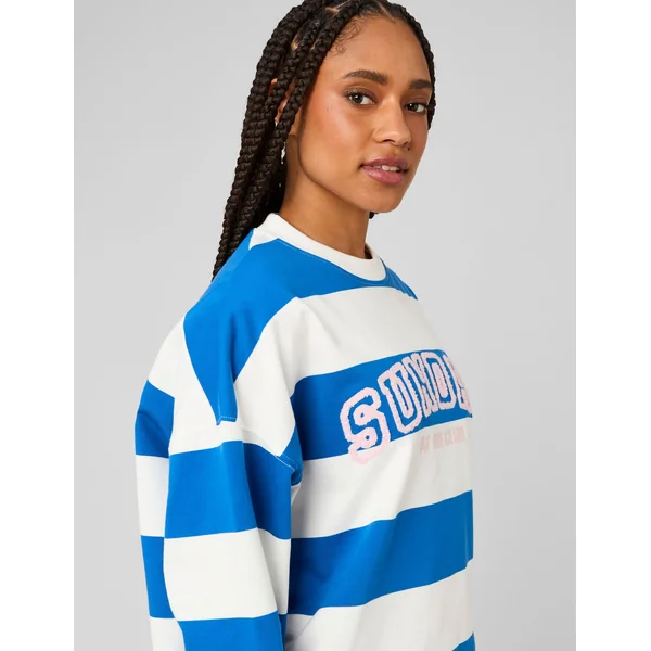 Sweat col rond brodé à rayures Bleu foncé