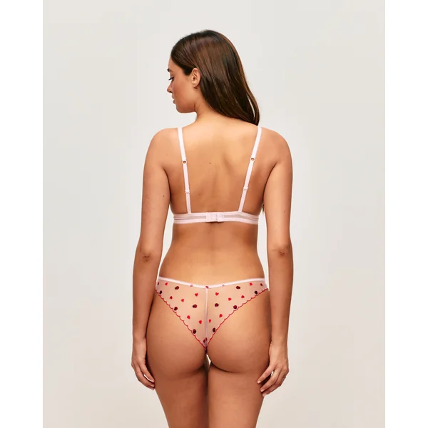 Tanga en microfibre et mesh avec cœurs et coccinelles brodés