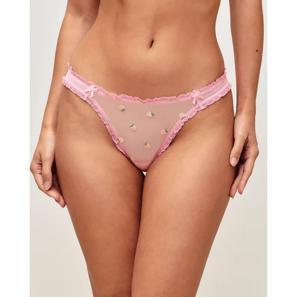 Tanga en tulle avec broderies pêches
