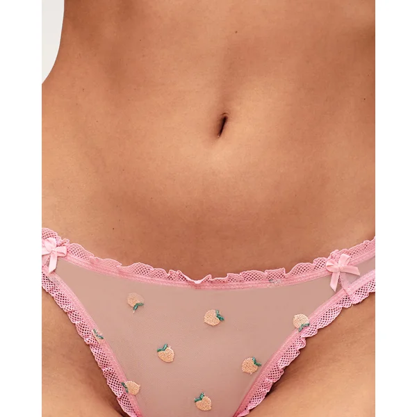 Tanga en tulle avec broderies pêches