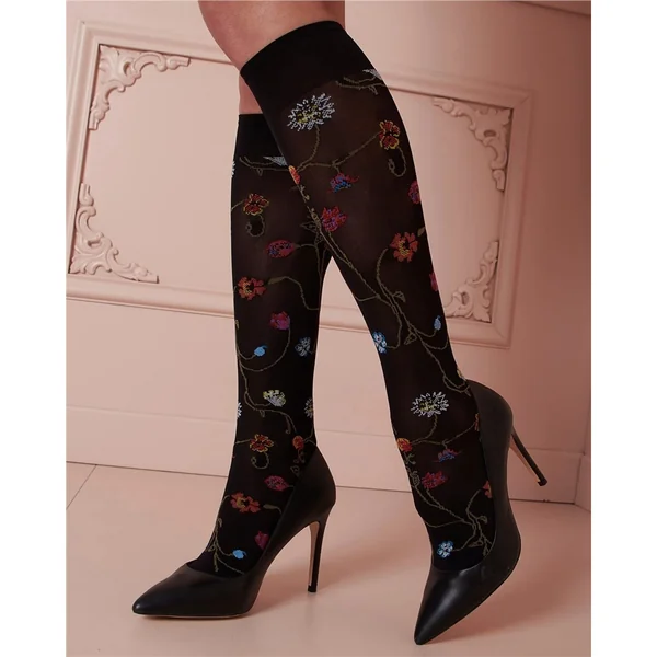 Trasparenze - Bas hauts avec motif de fleurs 50 deniers Noir O/S Platino