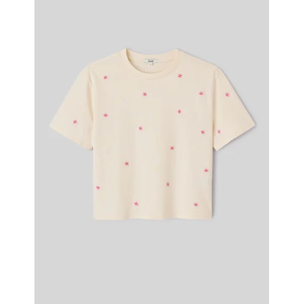 T-shirt avec broderies fleurs Ecru