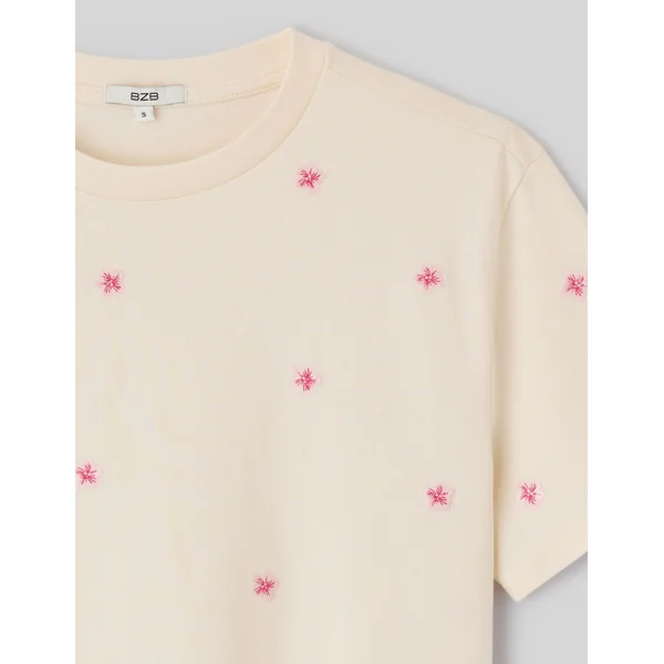 T-shirt avec broderies fleurs Ecru