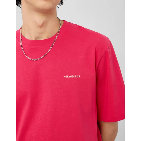 T-shirt broderie poitrine Fushia