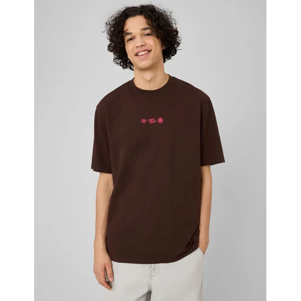 T-shirt broderie poitrine Marron foncée