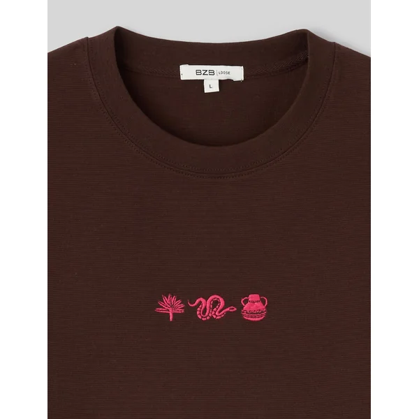 T-shirt broderie poitrine Marron foncée