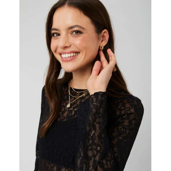 T-shirt manches longues en dentelle Noir