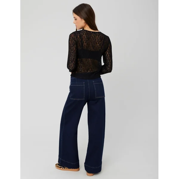 T-shirt manches longues en dentelle Noir