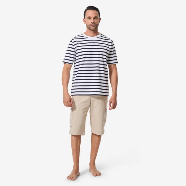 T-shirt marinière voile homme, 100 blanc rayé bleu