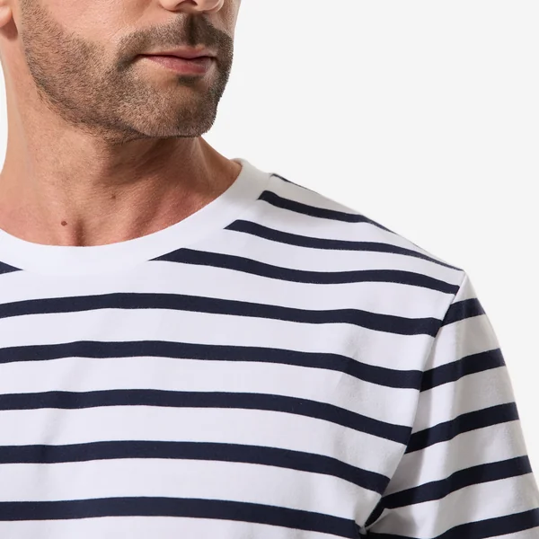 T-shirt marinière voile homme, 100 blanc rayé bleu