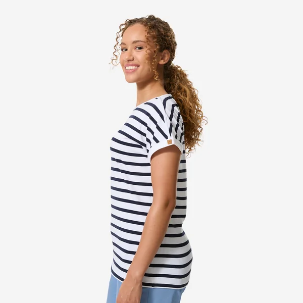 T-shirt marinière voile manches courtes femme sailing 100 blanc bleu marine