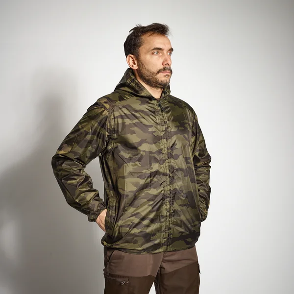 Veste chasse imperméable legere camo verte 100