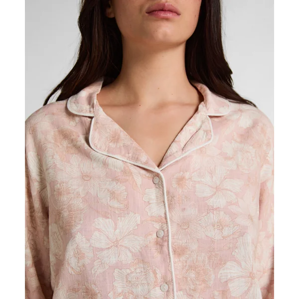 Veste de Pyjama en Lin à Fleurs - Rose