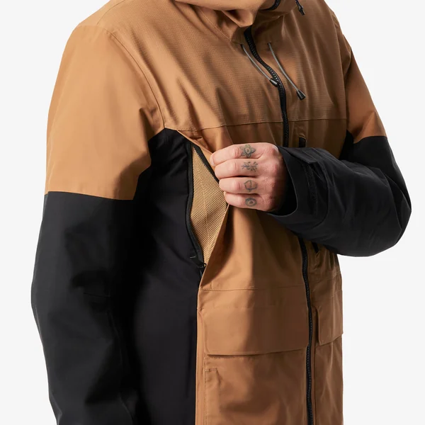 Veste de snowboard chaude et résistante homme, SNB 500 ziprotect camel et noir