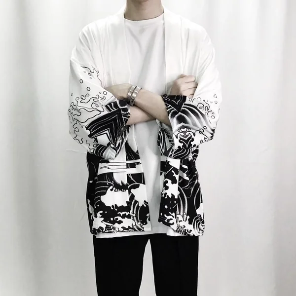Veste Kimono Japonais Cascade Dragon Blanc